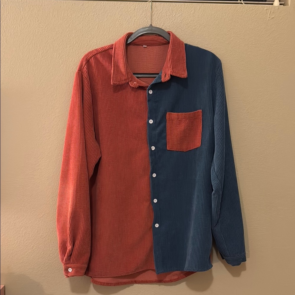 Red and Blue Corduroy Button-Up Shirt